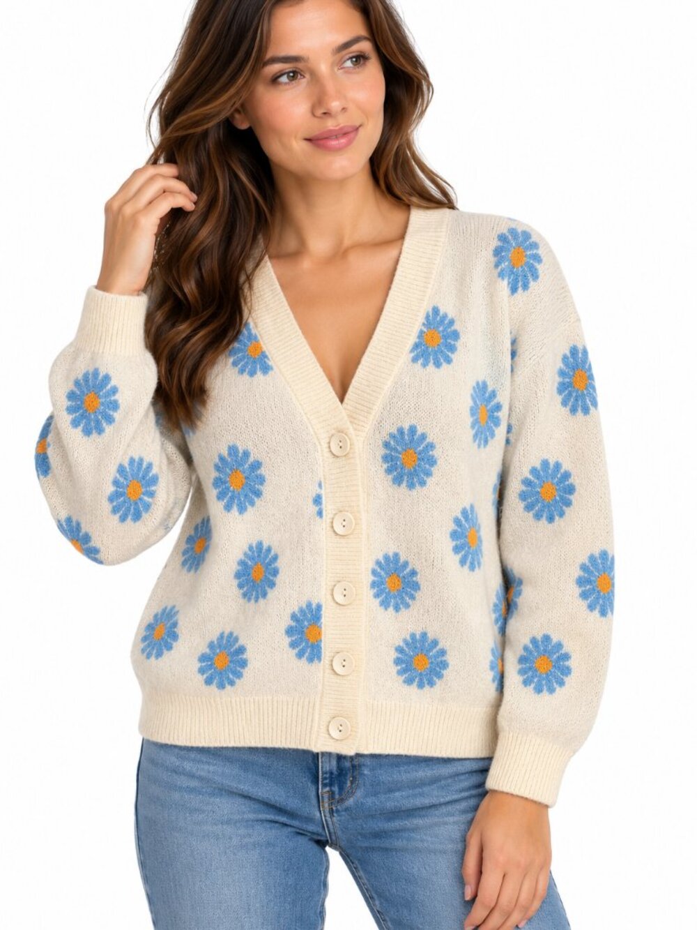 Vintage Style Floral Knit Daisy Cardigan Sweater Cream Blue